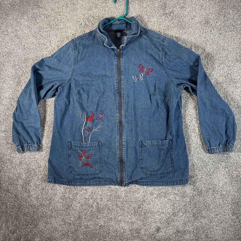 Basic Editions Jacket 1X Plus Size Denim Zip Front Floral Butterfly Embroidered